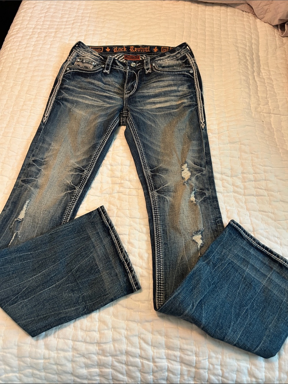 Rock Revival Women's Faded Blue Bootcut Jeans with Distressing Valerie 26”